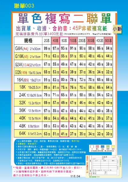   複寫二聯單價格表