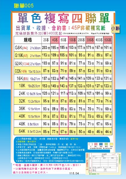   複寫四聯單價格表